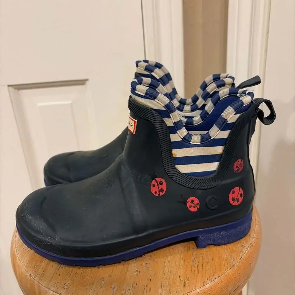 Hunter for Target Navy Blue Ladybug Print Striped Ankle Rain Boots Size 5